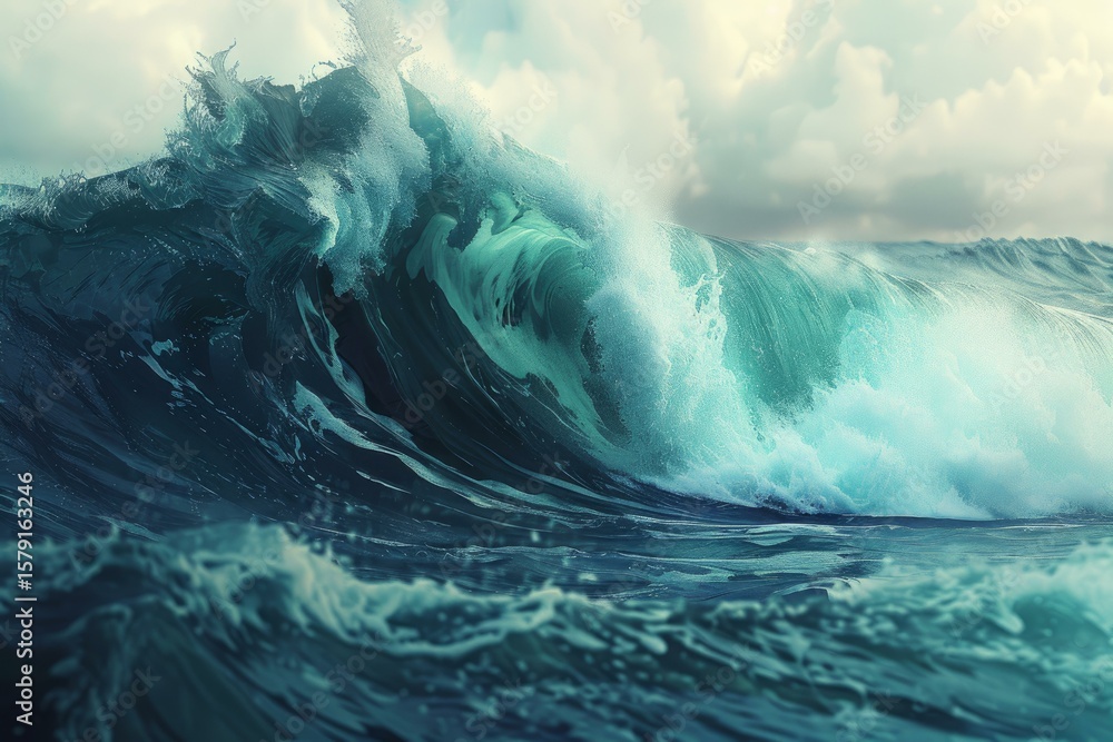 Poster dramatic ocean waves crashing and creating white foam and spray during a cloudy day
