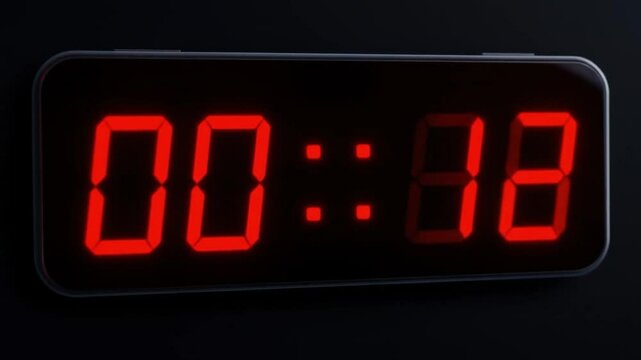 Digital Clock Displaying Time with Red LED Digits on a Dark Background, Time-Lapse