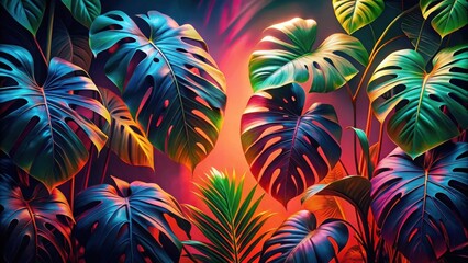 Vibrant Tropical Foliage Displaying Rich Hues and Intricate Leaf Details in a Dramatic Composition