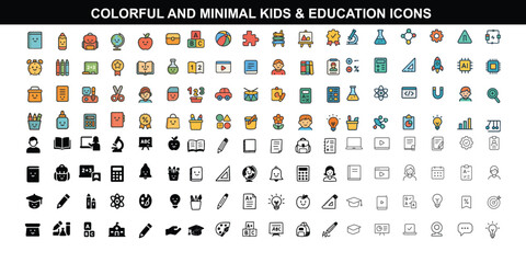 Colorful and Minimal Kids & Education Icons – STEM, Preschool, Doodle, Silhouette, and LMS Dashboard Sets