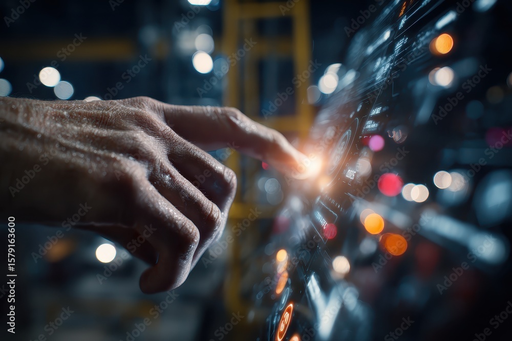 Poster close-up of a hand touching a high-tech control panel with illuminated buttons