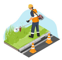 Isometric illustration of a maintenance worker trimming roadside grass with brush cutter to improve landscape aesthetics and safety around factory premises