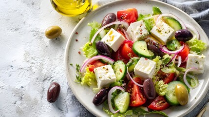 A vibrant Greek salad with feta and olives, showcasing crisp ingredients and Mediterranean freshness against a white marble background.