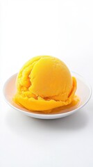 Vibrant artisan mango sorbet with smooth chilled surface and citrus tones, isolated on white background for clean product presentation.