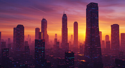 Fototapeta premium Dramatic futuristic cityscape silhouette at sunset, featuring towering skyscrapers illuminated against a vibrant sky with purple and orange hues. 