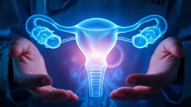 Blue Coat Doctor's Hands Close Up, Liver, Uterus, X-Ray, Hologram, Medical Treatment, Female Anatomy, Reproductive System. 4k video