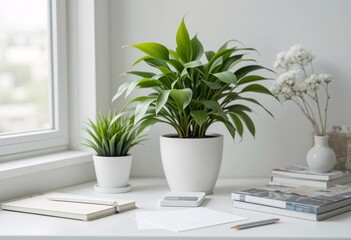 A bright and airy workspace featuring potted plants books and stationery near a window with natural light
