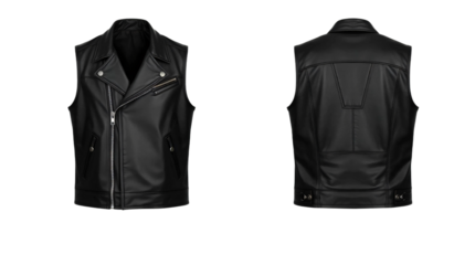 Black leather jacket vest in front and back view, mockup isolated on transparent background