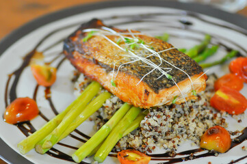 grilled salmon,salmon steak or fish steak and quinoa or rice