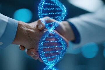 Hands Shaking with 3D DNA Helix Overlay in Medical Research Setting