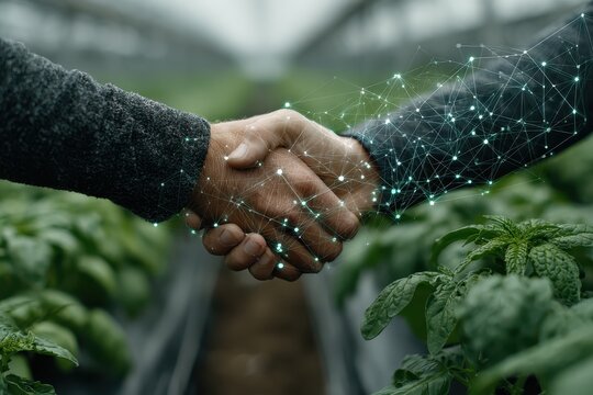 Hands Shaking in Greenhouse with Digital Connectivity and Agriculture Concept - Powered by Adobe