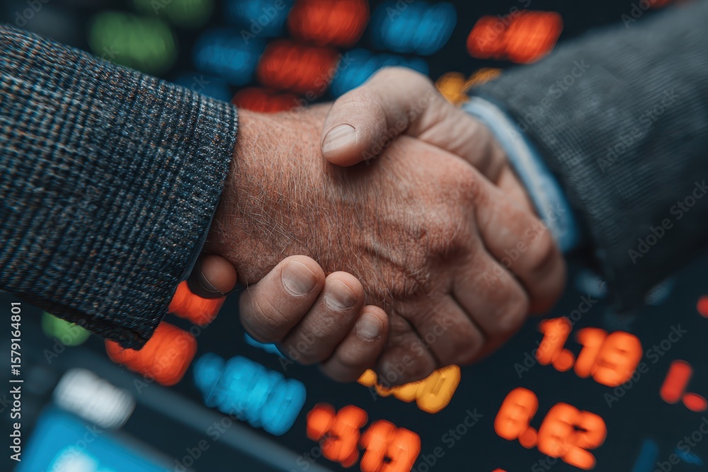 Poster handshake between business partners with financial data in background