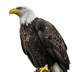 Obraz premium A majestic bald eagle stands tall, its piercing gaze and sharp beak embodying freedom and strength isolated on transparent background