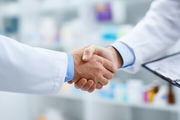 Handshake between healthcare professionals in a pharmacy setting