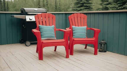 Fototapeta premium Red Adirondack Chairs on Deck | Outdoor Living & BBQ