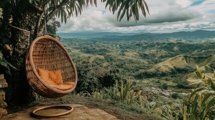 Elevated wicker swing, lush valley view