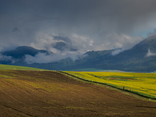 Mountain landscape. A view of the green hills with storm clouds looming over them. A field of...