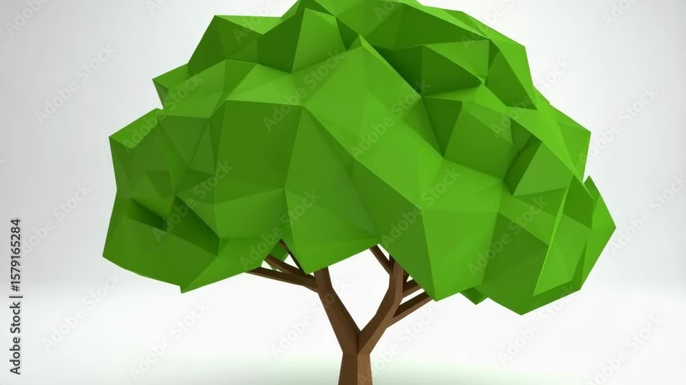 Poster conceptual low poly tree with green leaves and a brown trunk in a minimalist setting against a simpl