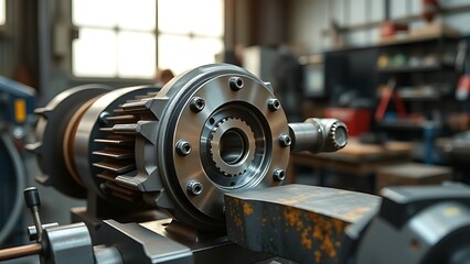 Detailed metal workpiece in an industrial workshop, showcasing precision craftsmanship.