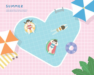 Hand drawn summer template background with swimming pool and leaves.