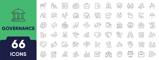 Governance Line Icon Set. Set of 66 outline icons including government, policy, leadership, regulation, compliance, administration, and management. Editable stroke. Linear vector illustration.