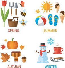 Colorful illustrations representing the four seasons with associated objects and symbols.
