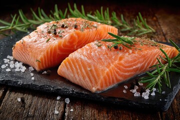 Two seasoned salmon fillets, glistening, rest on a dark slate slab, garnished with fresh rosemary sprigs, peppercorns, and sea salt crystals atop a rustic wooden surface