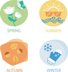 Four circular icons representing the four seasons, spring, summer, autumn, and winter, with corresponding imagery and text labels.