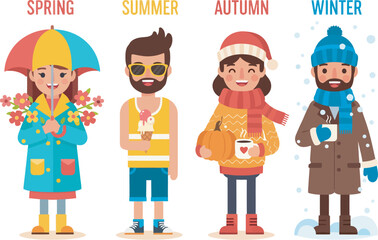 Four stylized characters representing the four seasons, each dressed and accessorized appropriately for spring, summer, autumn, and winter.