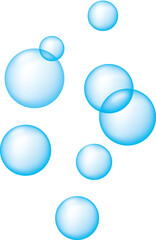 Light blue soap bubbles floating in the air, various sizes and shapes.