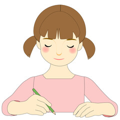 A girl wearing a pink blouse and writing something with a pencil
