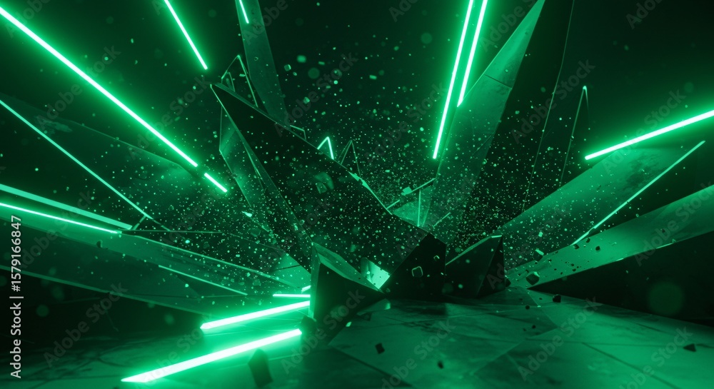 Poster abstract green background with geometric shapes and glowing lines creating a dynamic composition