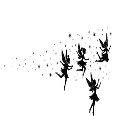 Black silhouette fairies with wings and sparkles on white background.