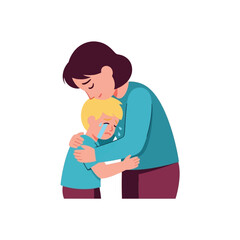 A caring mother comforts a crying child, offering solace and support.