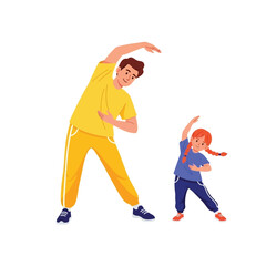 Father and daughter perform stretching exercises together, promoting healthy family fitness.