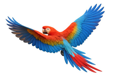 Fototapeta premium Scarlet macaw soaring with widespread wings, displaying brilliant red, blue, yellow feathers against transparent backdrop