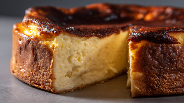 Burnt Basque cheesecake with creamy texture and golden brown crust, delicious dessert with rich flavor and soft interior