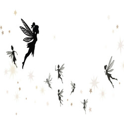 Black silhouette fairies with wings and sparkles on white background.