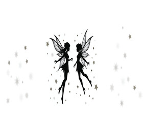 Black silhouette fairies with wings and sparkles on white background.