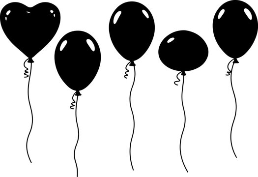 A collection of five black balloons in various shapes with curly strings, a silhouette