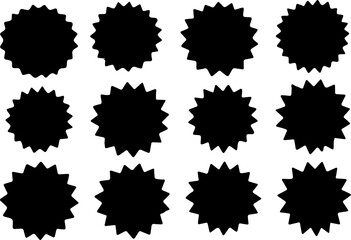 A collection of twelve black starburst shapes on a white background silhouette