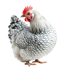 Fototapeta premium A Silver Laced Wyandotte hen, with its beautiful black-edged white feathers creating a lace-like pattern, isolated on a white background, 1:1 aspect ratio, detailed pattern. - 1