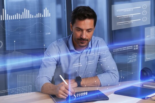 Focused businessman analyzes digital data and financial charts displayed on floating holographic interface, innovatively working with technology and big data solutions effectively.