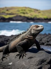 Fototapeta premium A marine iguana basking on volcanic rock