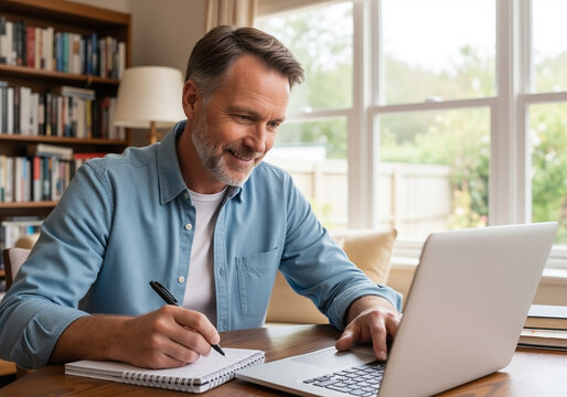 Smiling mature man working from a home office, writing in a notebook while using a laptop on a wooden desk