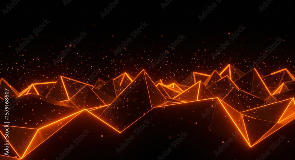 Poster abstract orange polygonal landscape with glowing edges and floating particles on a dark background