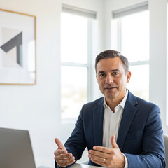 Fototapeta premium Engaging middle-aged businessman in a navy blazer talking to camera during a virtual meeting in a bright, modern office