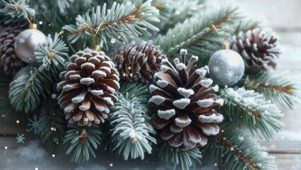 A close-up of a festive Christmas arrangement featuring frosted pine cones, silver ornaments, and evergreen branches with subtle twinkling lights and falling snowflakes, creating a serene 