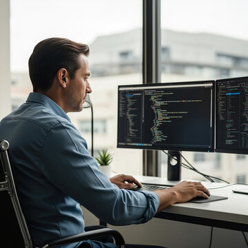 Focused male software developer programming on a dual monitor computer in a modern office