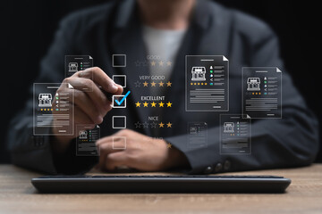 Customer feedback reviews, Good ratings marketplace local business reviews concept, Businessman give top score satisfaction survey of their store, Review Solutions for Marketplace online,Trusted shops